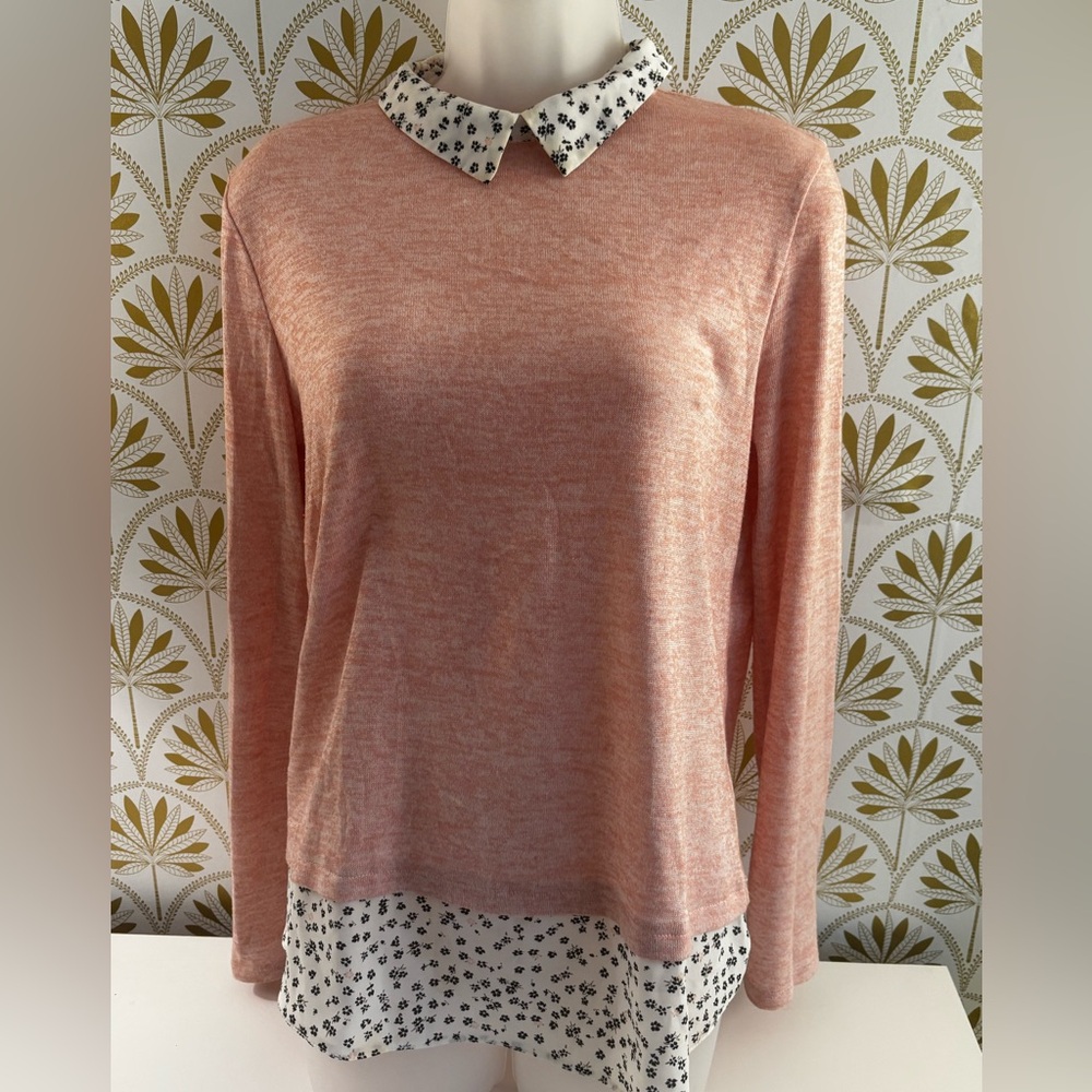 Pink Long Sleeve Sweater with Patterned Collar